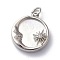 Rack Plating Brass Micro Pave Clear Cubic Zirconia Pendants, with Shell & Jump Ring, Long-Lasting Plated, Flat Round with Moon & Sun, Real Platinum Plated, 17.5x16x3.5mm, Jump Ring: 5x1mm, 3mm Inner Diameter