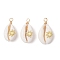 Copper Wire Wrapped Natural Cowrie Shell Pendants, with Brass Slices, Golden, Sun, 24~28x12~15.5x7~8.5mm, Hole: 2.6mm