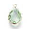 Glass Pendants, with Brass Findings, Faceted, Drop, Light Gold, Medium Sea Green, 14x7.5x4mm, Hole: 1.8~2.3mm
