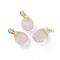 Natural Rose Quartz Pendants, with Brass Bails, Faceted, Teardrop, Golden, 19~21x12~14x11~15mm, Hole: 5x3mm