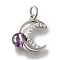 Moon Rack Plating Brass Micro Pave Cubic Zirconia Pendant, with Jump Ring, with Glass Rhinestone,Lead Free & Cadmium Free, Long-Lasting Plated, Platinum, Medium Purple, 14x13x5mm