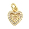 Heart Brass with Cubic Zirconia Charms, with Jump Rings, Long-Lasting Plated, Lead Free & Cadmium Free, Real 18K Gold Plated, 11.5x9x2mm, Hole: 3mm