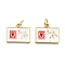 Brass Enamel Charms, with Jump Ring, Rack Plating, Lead Free & Cadmium Free, Long-Lasting Plated, Rectangle with Heart & Word Love You Charm, Real 18K Gold Plated, White, 12x14x1.5mm, Hole: 3.4mm