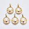 Brass Micro Pave Cubic Zirconia Charms, with White Sea Shell, Nickel Free, Flat Round with Deer Antler, Real 18K Gold Plated, 15x13x3.5mm, Hole: 2x4mm