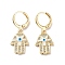 Real 18K Gold Plated Brass Dangle Leverback Earrings, with Enamel and Cubic Zirconia, Hamsa Hand with Evil Eye, White, 31x12.5mm
