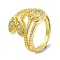Brass with Cubic Zirconia Open Cuff Ring, Cadmium Free & Nickel Free & Lead Free, Leaf, Real 18K Gold Plated, Inner Diameter: 18mm