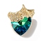 Real 18K Gold Plated Rack Plating Brass Micro Pave Clear Cubic Zirconia Pendants, with Glass, Long-Lasting Plated, Cadmium Free & Lead Free, Leaf with Heart Charm, Green, 19x15.5x10mm, Hole: 3x2mm