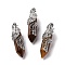 Natural Tiger Eye Pendants, with Platinum Tone Brass Findings, Cadmium Free & Lead Free, Double Terminal Pointed Bullet with Feather, 45~47.5x14~14.5x13~14mm, Hole: 8x5mm