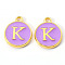 Golden Plated Alloy Enamel Charms, Enamelled Sequins, Flat Round with Letter, Medium Purple, Letter.K, 14x12x2mm, Hole: 1.5mm