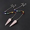 Natural Rose Quartz Hexagonal Pointed Cone Dowsing Pendulum Pendants, with Chakra Gemstone Round Beads, Rack Plating Platinum Tone Brass Triple Goddess Pentagram & Chains, Cadmium Free & Lead Free, 255mm