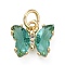 Brass Micro Pave Clear Cubic Zirconia Pendant, with Glass, Butterfly, Golden, Teal, 11x9.5x3mm, Hole: 3.5mm