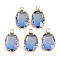 Gradient Color Glass Pendants, with Brass Prong Settings, Faceted, Oval, Light Gold, Light Steel Blue, 19x11x5.5mm, Hole: 1.6mm