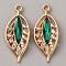 KC Gold Plated Alloy Pendants, with Acrylic and Crystal Rhinestone, Leaf Charm, Dark Green, 31x13x4mm, Hole: 2mm