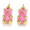 Real 18K Gold Plated Brass Pendants, with Enamel and Jump Rings, Long-Lasting Plated, Bear, Hot Pink, 17.5x9x5mm, Jump Ring: 5x1mm, 3mm Inner Diameter