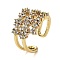 Rack Plating Brass Micro Pave Cubic Zirconia Open Cuff Rings, Flower, Lead Free & Cadmium Free, Long-Lasting Plated, Real 18K Gold Plated, Inner Diameter: 18mm