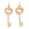 Brass Micro Pave Clear Cubic Zirconia Beads Pendant, Long-Lasting Plated, Key, Real 18K Gold Plated, 23.5x9x2mm, Hole: 3.6mm