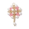 Glass Seed Beaded Flower Pendants, with Glass Pearl Beads & 304 Stainless Steel Jump Rings, Real 18K Gold Plated, Pink, 32x20x6.5mm, Hole: 3mm