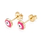 Brass Enamel Stud Earrings, Long-Lasting Plated, Flat Round with Evil Eye, Real 18K Gold Plated, Deep Pink, 6x2.5mm, Pin: 0.8mm