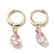 Real 18K Gold Plated Brass Dangle Hoop Earrings, with Glass, Teardrop, Pink, 26x6mm