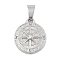 304 Stainless Steel Rhinestone Pendants, Flat Round with Compass Charm, Stainless Steel Color, 19x16x4mm, Hole: 3x7.5mm