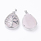 Natural Rose Quartz Pendants, with Brass Findings, teardrop, Platinum, 39x26x7~9mm, Hole: 5x7mm