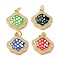 Rack Plating Brass Cubic Zirconia Pendants, with Enamel & Shell, Long-Lasting Plated, Lead Free & Cadmium Free, Real 18K Gold Plated, with Jump Rings, Shell Shapes with Tartan, Mixed Color, 17x16x4mm, Hole: 3mm
