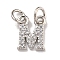 Initial Letter Brass with Cubic Zirconia Charms, Platinum, Long-Lasting Plated, Lead Free & Cadmium Free, Letter M, 10x8.5x1.5mm, ring: 5x1mm, inner diameter: 3mm