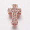 Brass Cubic Zirconia Beads, Cross, Clear, Rose Gold, 14x9x3.5mm, Hole: 1mm