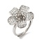 Rack Plating Flower Brass Micro Pave Clear Cubic Zirconia Adjustable Rings, Long-Lasting Plated, Lead Free & Cadmium Free, Platinum, US Size 8 1/2(18.5mm)