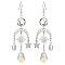 Moon & Star & Teardrop Brass & 304 Stainless Steel Chandelier Earrings, Glass Teardrop Drop Earrings, Stainless Steel Color, 75x22mm