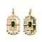 Brass Micro Pave Cubic Zirconia Pendants, with Shell, Long Lasting Plated. Cadmium Free & Lead Free, Rectangle with Cross, Real 18K Gold Plated, 25x15x5mm, Hole: 3.5x2.5mm
