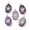 Natural Amethyst Oval Pendants, Platinum Plated Brass Oval Charms with Butterfly, 22~22.5x13~13.5x4.5mm, Hole: 1.6~1.8mm