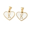 304 Stainless Steel Pave Natural White Shell Heart with Initial Slice Pendants, Ion Plating(IP), Golden, Letter K, 14x16x2mm, Hole: 4.5x3mm