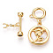 White Shell Toggle Clasps, with Brass Findings, Cadmium Free & Nickel Free & Lead Free, Flat Round with Rose, Real 18K Gold Plated, 41.5mm, T Clasps: 5.5x18x4mm, O Clasps: 12x12x1mm