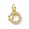 Brass Micro Pave Clear Cubic Zirconia Charms, Cadmium Free & Lead Free, with Open Jump Rings, Flat Round with Butterfly, Real 18K Gold Plated, 9.5x8x2mm, Jump Ring: 4.5x0.7mm, Inner Diameter: 3mm