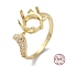 925 Sterling Silver Micro Pave Cubic Zirconia Cuff Ring Findings, Cat Shape Prong Ring Settings, with 925 Stamp, Real 18K Gold Plated, Tray: 8x8.5mm, Inner Diameter: 16.6mm