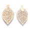 Rack Plating Brass Filigree Pendants, Long-Lasting Plated, Leaf Charms, Cadmium Free & Nickel Free & Lead Free, Light Gold, 19x10x0.4mm, Hole: 1mm