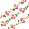 Ion Plating(IP) 304 Stainless Steel Enamel Cherry Link Chains, with Spool, Soldered, Golden, Hot Pink, Link: 13x7.5x2.5mm and 4x2.5x0.38mm