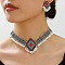 Rhombus Alloy Rhinestone Choker Necklace & Earrings Sets for Women, with Plastic Imitation Pearl, Antique Silver, Red, Necklaces: 320~420mm; Earring: 45mm