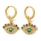 Evil Eye Real 18K Gold Plated Brass Dangle Leverback Earrings, with Enamel and Cubic Zirconia, Green, 25.5x15mm