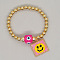 Bohemian Style Glass Seed Beads Charm Bracelets, Brass Round Beads Stretch Bracelets for Women, Sqaure with Smiley Face, with Lampwork Evil Eye Bead, Pink