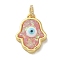 Rack Plating Brass Pendants, with Resin Imitation Opal & Glitter, Long-Lasting Plated, Lead Free & Cadmium Free,Hamsa Hand with Evil Eye, Misty Rose, 19.5x14.5x5mm, Hole: 3mm