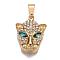 316 Surgical Stainless Steel Pendants, Leopard Head, with Rhinestones, Golden, 35x27x12mm, Hole: 7x10mm