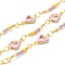 Handmade Brass Enamel Heart Link Chains, Glass Beaded Chains, Real 18K Gold Plated, Soldered, with Spool, Cadmium Free & Lead Free, Pearl Pink, Bead Link: 17~18x3x2mm, Heart: 10.5x7x2mm