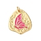 Rack Plating Brass Enamel Pendants, with Jump Ring, Cadmium Free & Lead Free, Real 18K Gold Plated, Irregular with Butterfly Charm, Cerise, 21.5x19x2.4mm, Hole: 3.4mm