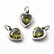 304 Stainless Steel Pendants, with Cubic Zirconia and Jump Rings, Single Stone Charms, Heart, Stainless Steel Color, Olive Drab, 9x8x3mm, Hole: 3.6mm