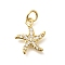 Brass Micro Pave Clear Cubic Zirconia Pendants, Starfish Charms, with Jump Ring, Rack Plating, Long-Lasting Plated, Lead Free & Cadmium Free, Real 18K Gold Plated, 14.5x12x2mm, Hole: 3mm