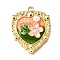 Alloy Enamel Pendants, with ABS Imitation Pearl, Heart with Flower, Rack Plating, Long-Lasting Plated, Lead Free & Cadmium Free & Nickel Free, Golden, Light Salmon, 28x22.5x5.5mm, Hole: 1.6mm