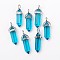 Bullet Glass Pointed Pendants, with Alloy Findings, Platinum, Deep Sky Blue, 40x12mm, Hole: 3x4mm