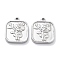 Anti-Tarnish 304 Stainless Steel Pendants, Square with Flower Charm, Stainless Steel Color, 17.5x15x2.5mm, Hole: 1.6mm